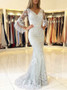 Long Sleeve Mermaid V-neck Gray Lace Prom Evening Dress