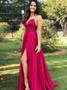 Spaghetti Straps V-Neck Long Burgundy Split Prom Dress