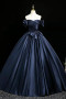 Navy Satin Off-Shoulder Ball Gown Prom Dress With Bow