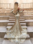 Sparkle Long Sleeves Gold Mermaid Off Shoulder Prom Evening Dress 