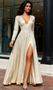 Champagne V Neck Long Sleeve A Line Sequin Prom Dress