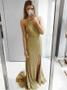 High Split Gold Prom Sheath Halter Backless Party Dress