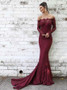  Long Sleeves Mermaid Off-the-Shoulder Burgundy Lace Prom Party Dress 
