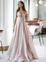  V-Neck Long Elegant Sleeveless Pink Satin Prom Dress