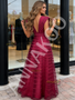 Shop 2026 ANNAKOO Fuchsia A Line Ruffles Tulle V Neck Prom Dress Under 198
