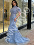 Shop 2026 ANNAKOO Blue Tulle Feather High Neck Short Sleeve Mermaid Prom Dress Under 399