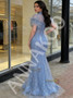 Shop 2026 ANNAKOO Blue Tulle Feather High Neck Short Sleeve Mermaid Prom Dress Under 399
