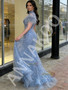 Shop 2026 ANNAKOO Blue Tulle Feather High Neck Short Sleeve Mermaid Prom Dress Under 399