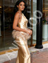 Shop 2026 ANNAKOO Gold Satin Halter Beading Feather Sheath Column Prom Dress Under 289