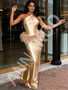 Shop 2026 ANNAKOO Gold Satin Halter Beading Feather Sheath Column Prom Dress Under 289