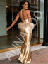Shop 2026 ANNAKOO Gold Satin Halter Beading Feather Sheath Column Prom Dress Under 289