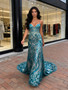 Shop 2026 ANNAKOO Green V Neck Trumpet Mermaid Sequin Floral Prom Dress Under 199