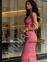 Shop 2026 ANNAKOO Hot Pink Ruffles Beading Trumpet Mermaid V Neck Prom Dress Under 239