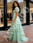 Shop 2026 ANNAKOO Green Puffy Sleeve A Line  Sparkle Ruffles Prom Dress Under 239