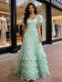 Shop 2026 ANNAKOO Green Puffy Sleeve A Line  Sparkle Ruffles Prom Dress Under 239