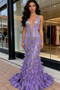 V  Neck Feather Purple Tulle Sequin Trumpet Mermaid Prom Dress