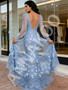 Shop 2026 ANNAKOO V Neck Trumpet Mermaid Flowers Blue Long Sleeve Prom Dress Under 269