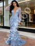 Shop 2026 ANNAKOO V Neck Trumpet Mermaid Flowers Blue Long Sleeve Prom Dress Under 269