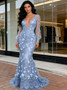 Shop 2026 ANNAKOO V Neck Trumpet Mermaid Flowers Blue Long Sleeve Prom Dress Under 269