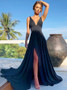 Split V-Neck Simple Black Satin Prom Party Dress