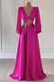 Shop 2026 ANNAKOO Deep V-Neck Bishop Sleeves Fuchsia A Line Satin Prom Dress Under 189