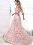  Pink Lace A-Line Off-the-Shoulder Prom Dress with Feather