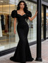 Shop 2026 ANNAKOO Puffy Sleeve Sweetheart Satin Trumpet Mermaid Black Prom Dress  Under 149