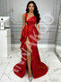 Shop 2026 ANNAKOO Red Satin Ruffles A Line V Neck Prom Dress With Slit Under 159