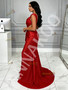 Shop 2026 ANNAKOO Red Satin Ruffles A Line V Neck Prom Dress With Slit Under 159
