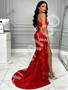 Shop 2026 ANNAKOO Red Satin Ruffles A Line V Neck Prom Dress With Slit Under 159
