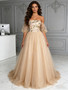 Shop 2026 ANNAKOO Lace Floral Champagne Tulle Ball Gown Puffy Sleeves Prom Dress Under 249