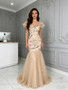 Shop 2026 ANNAKOO Champagne V Neck Floral Ruffles Sleeve Trumpet Mermaid Tulle Prom Dress Under 249