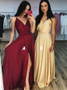 Split Dark Red A-Line V-Neck Long Prom Party Dress