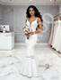 Shop 2026 ANNAKOO V Neck Trumpet Mermaid Satin White Sheer Wedding Dress Under 179