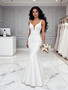 Shop 2026 ANNAKOO V Neck Trumpet Mermaid Satin White Sheer Wedding Dress Under 179
