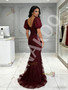 Shop 2026 ANNAKOO Burgundy V Neck Lace Cut Out Trumpet Mermaid Prom Dress Under 169