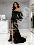 Black Strapless Feather Sleeves Sheath Column Satin Prom Dress WIth Slit