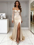 Shop 2026 ANNAKOO Off The Shoulder Beading Long Sleeve Satin Trumpet Mermaid Prom Dress With Slit Under 199
