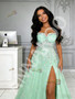 Green Tulle Sweetheart Beading A Line Prom Dress With Slit