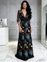 V Neck Half Sleeve Black Print A Line Prom Dress