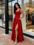 Shop 2026 ANNAKOO Red Straps A Line Satin Simple Pockets Prom Dress With Slit Under 98