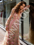 Long Sleeve Pink Lace A Line V Neck Floral Prom Dress