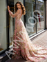 Long Sleeve Pink Lace A Line V Neck Floral Prom Dress
