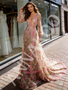 Long Sleeve Pink Lace A Line V Neck Floral Prom Dress