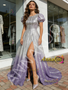 Shop 2026 ANNAKOO Scoop Short Sleeves A Line Purple Sequin Tulle Prom Dress With Slit Under 229
