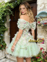 Off The Shoulder Green Short Mini Floral Homecoming Dress