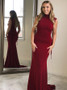 Beading Dark Red Spandex Sheath High Neck Prom Dress