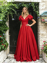 Shop 2026 ANNAKOO Short Sleeve V Neck Red A Line Satin Prom Dress Under 189