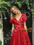 Shop 2026 ANNAKOO Short Sleeve V Neck Red A Line Satin Prom Dress Under 189