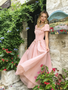 Shop 2026 ANNAKOO Short Sleeves Square A Line Flowers Pink Satin Prom Dress Under 238